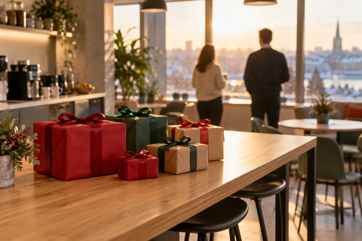 Paquets aux papiers unis posés sur une table haute dans une salle de pause