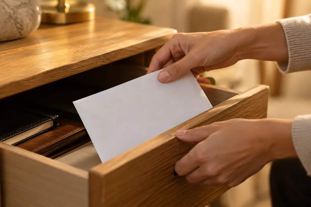 Mains glissant une enveloppe blanche dans le tiroir entrouvert d’un bureau