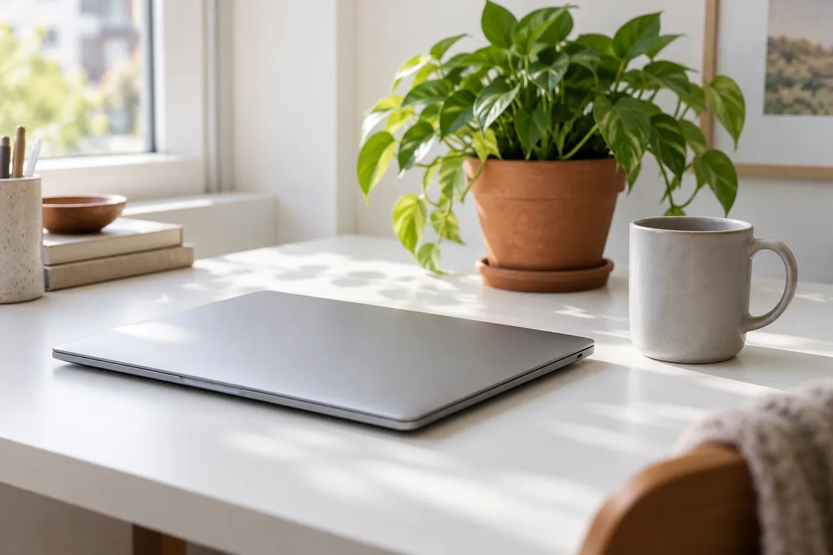 Ordinateur portable fermé près d’une plante verte et d’un mug sur un bureau