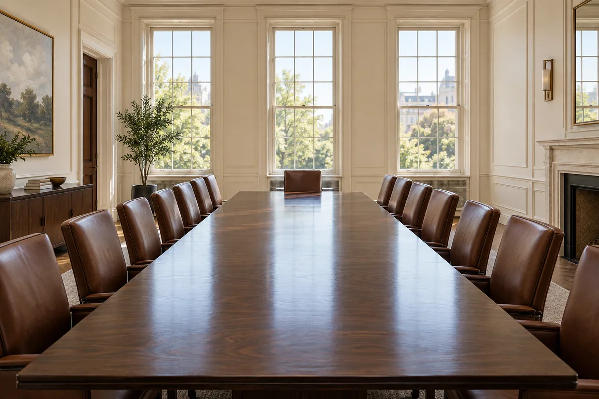Salle de réunion vide avec une longue table en bois et des chaises alignées