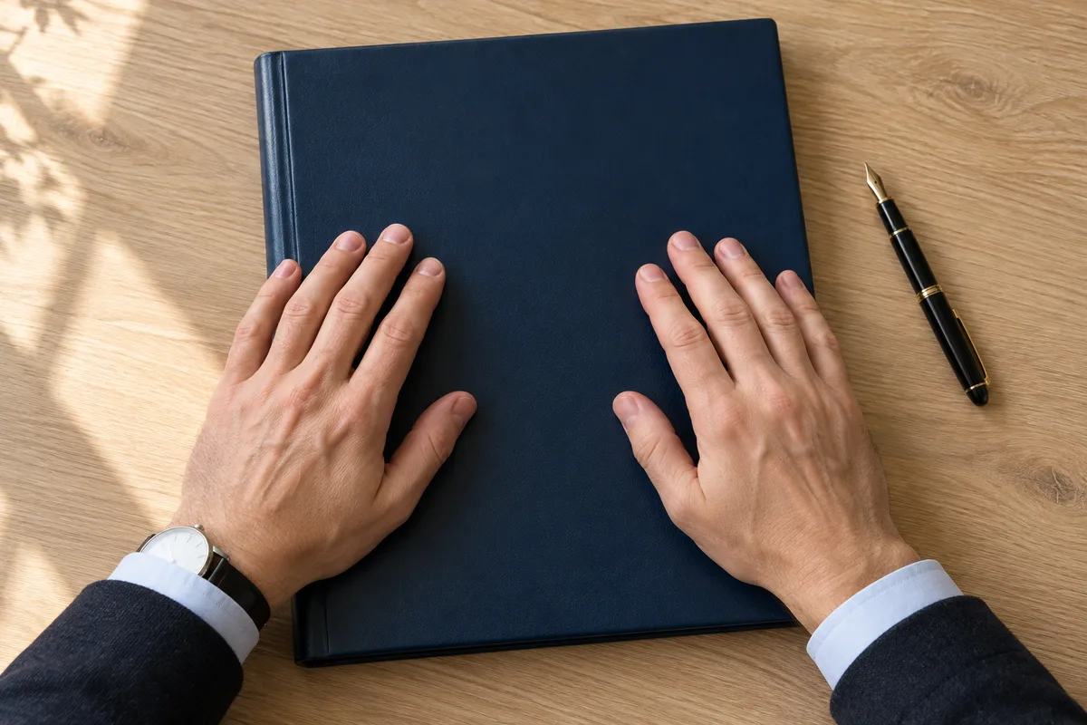 Mains posées sur un classeur fermé à couverture unie, sur un bureau en bois clair