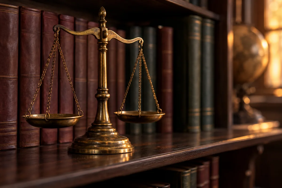 Balance de justice en laiton sur une étagère de bibliothèque garnie de livres reliés