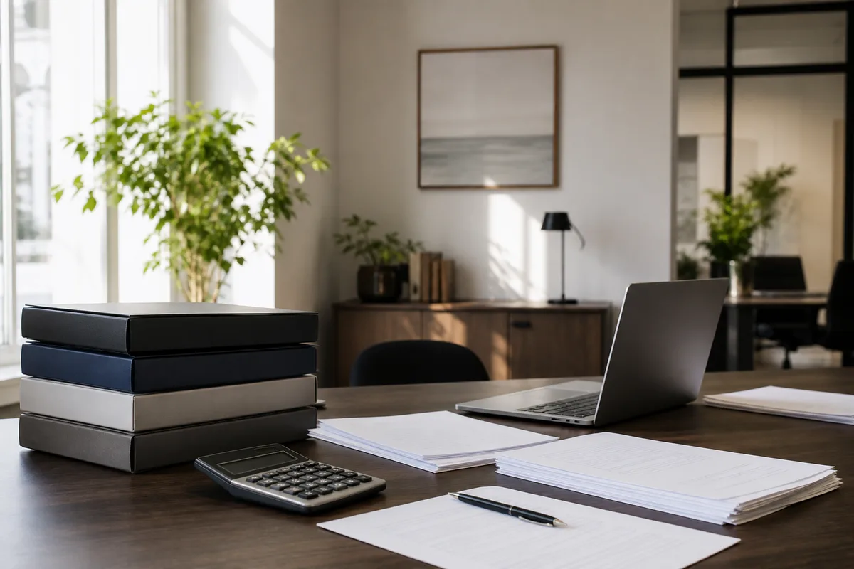 Bureau de comptable avec dossiers, ordinateur portable et documents comptables