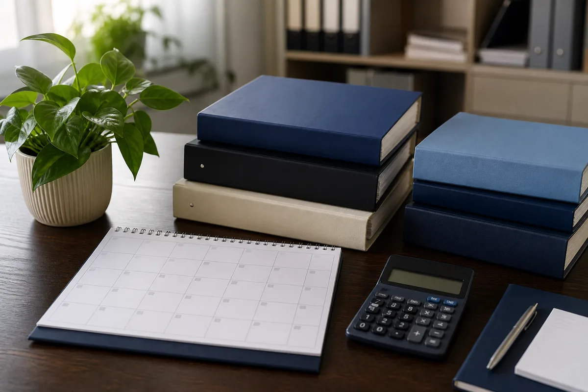 Calendrier annuel et dossiers comptables posés sur un bureau