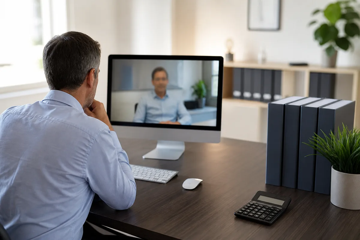 Échange en visioconférence entre un dirigeant et son comptable depuis un bureau
