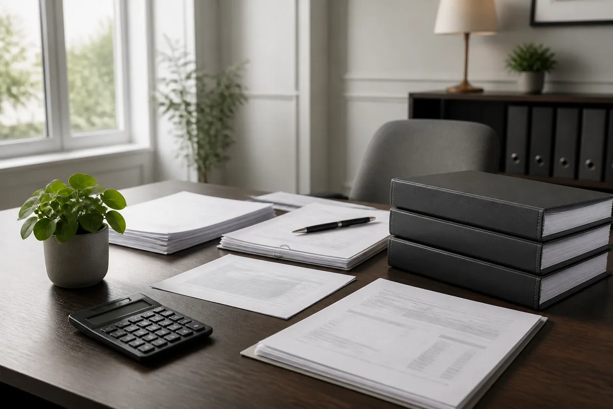 Documents comptables, facturier et calculatrice disposés sur un plan de travail
