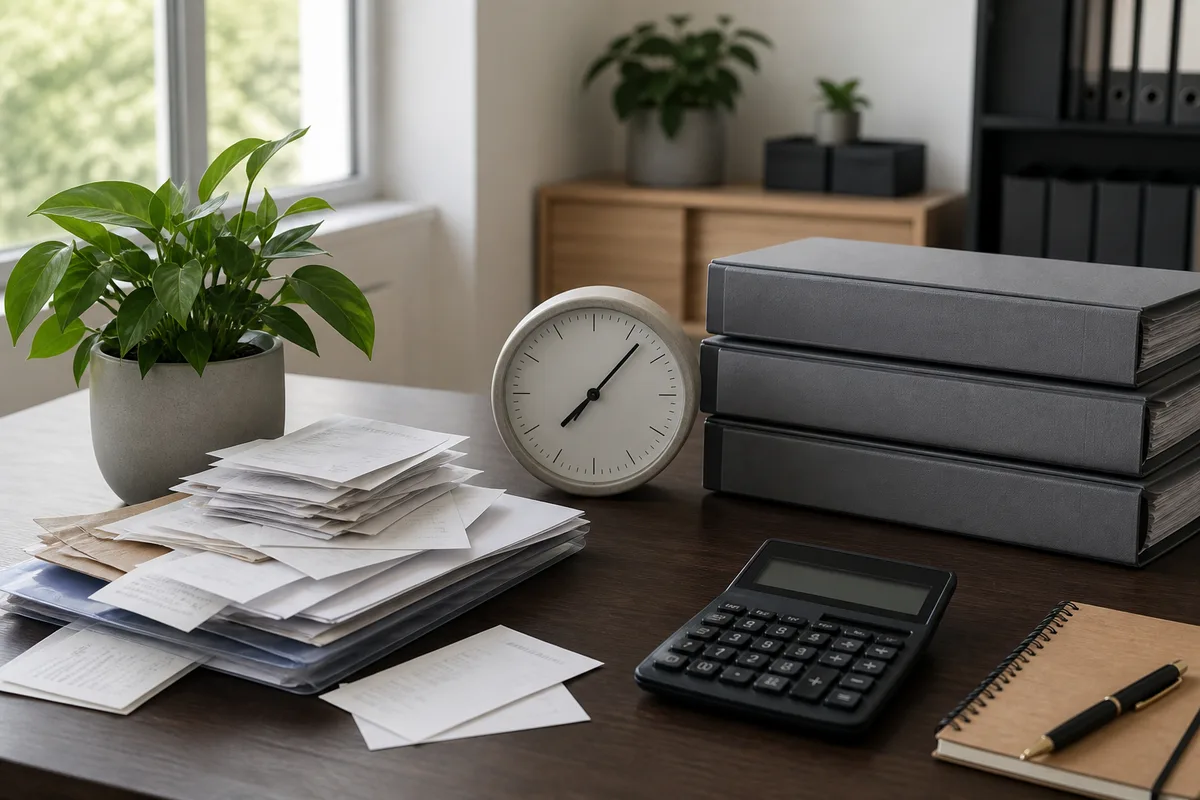 Bureau avec pile de justificatifs et horloge, illustrant le temps consacré à la comptabilité